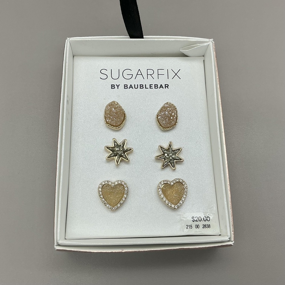 SUGARFIX By BaubleBar‎ Earrings Gold Tone Heart Star Stud Womens 3 Pair Jewelry